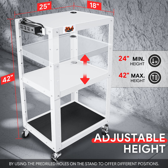 3-Tier Adjustable Rolling Steel AV Cart w/Power <br> DImension: 25 in. L X 18 in. W X 42 in. H