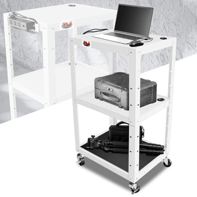 3-Tier Adjustable Rolling Steel AV Cart w/Power <br> DImension: 25 in. L X 18 in. W X 42 in. H