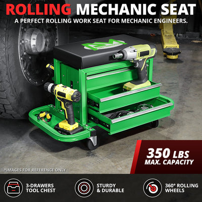 2-in-1 3 Drawer Rolling Seat w/Foldable Side Trays <br> Drawer Dimension(in.): 12 X 7.8 X 2.3