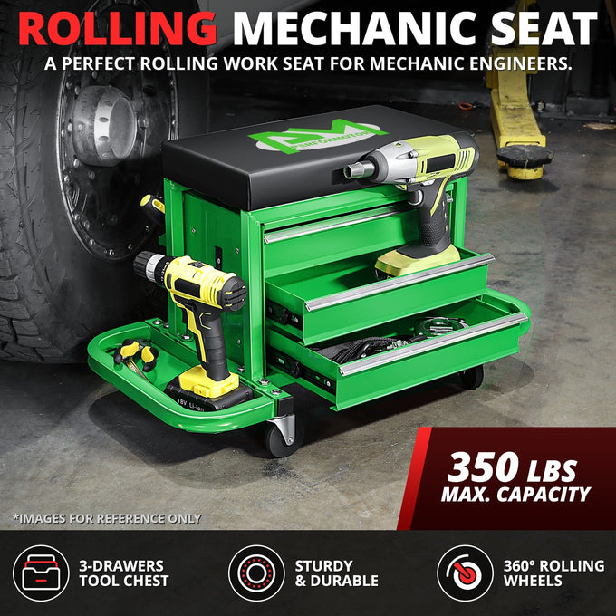 2-in-1 3 Drawer Rolling Seat w/Foldable Side Trays <br> Drawer Dimension(in.): 12 X 7.8 X 2.3