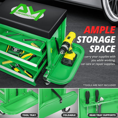 2-in-1 3 Drawer Rolling Seat w/Foldable Side Trays <br> Drawer Dimension(in.): 12 X 7.8 X 2.3