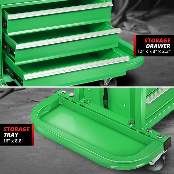 2-in-1 3 Drawer Rolling Seat w/Foldable Side Trays <br> Drawer Dimension(in.): 12 X 7.8 X 2.3