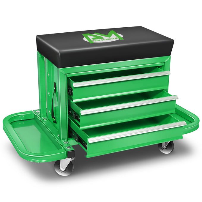 2-in-1 3 Drawer Rolling Seat w/Foldable Side Trays <br> Drawer Dimension(in.): 12 X 7.8 X 2.3