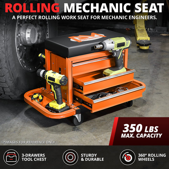 2-in-1 3 Drawer Rolling Seat w/Foldable Side Trays <br> Drawer Dimension(in.): 12 X 7.8 X 2.3