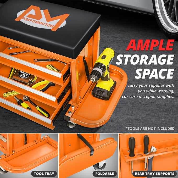 2-in-1 3 Drawer Rolling Seat w/Foldable Side Trays <br> Drawer Dimension(in.): 12 X 7.8 X 2.3