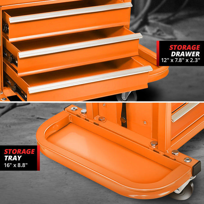 2-in-1 3 Drawer Rolling Seat w/Foldable Side Trays <br> Drawer Dimension(in.): 12 X 7.8 X 2.3