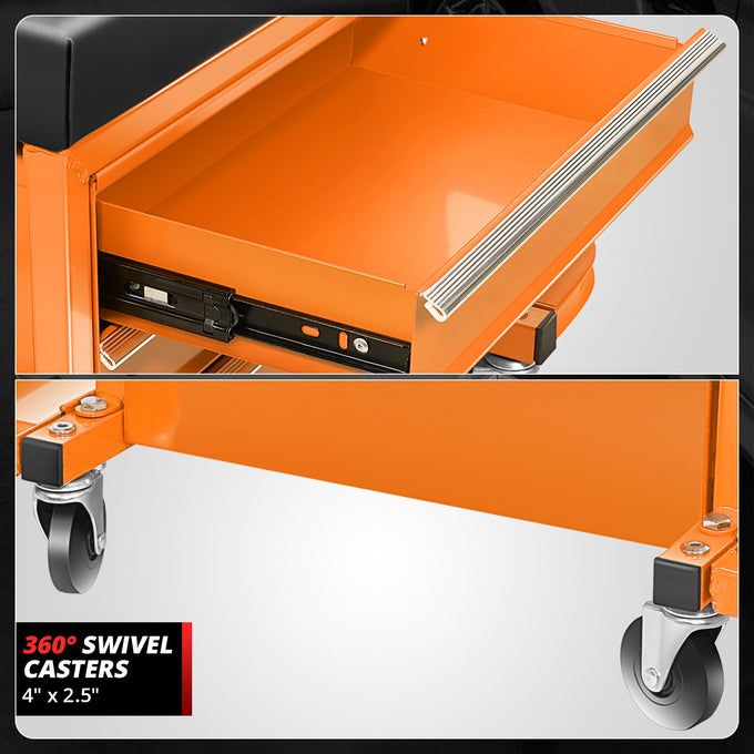 2-in-1 3 Drawer Rolling Seat w/Foldable Side Trays <br> Drawer Dimension(in.): 12 X 7.8 X 2.3