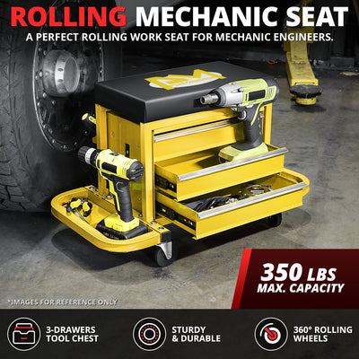 2-in-1 3 Drawer Rolling Seat w/Foldable Side Trays <br> Drawer Dimension(in.): 12 X 7.8 X 2.3