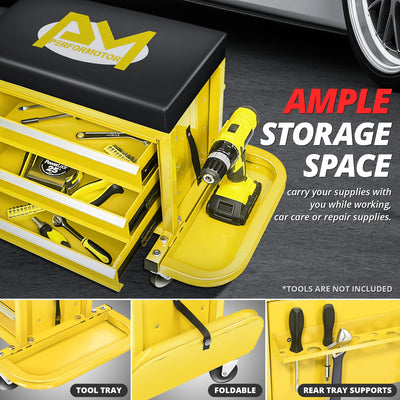 2-in-1 3 Drawer Rolling Seat w/Foldable Side Trays <br> Drawer Dimension(in.): 12 X 7.8 X 2.3