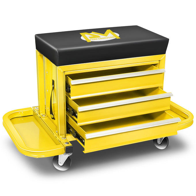 2-in-1 3 Drawer Rolling Seat w/Foldable Side Trays <br> Drawer Dimension(in.): 12 X 7.8 X 2.3