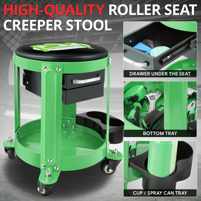 Mechanics Roller Storage Seat W/ Drawer & Tray <br> Drawer Dimension: 5.5 in. W x 9.5 in. L x 1.75 in. H