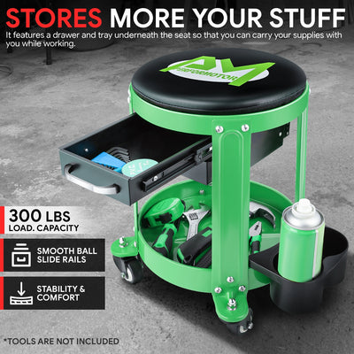 Mechanics Roller Storage Seat W/ Drawer & Tray <br> Drawer Dimension: 5.5 in. W x 9.5 in. L x 1.75 in. H