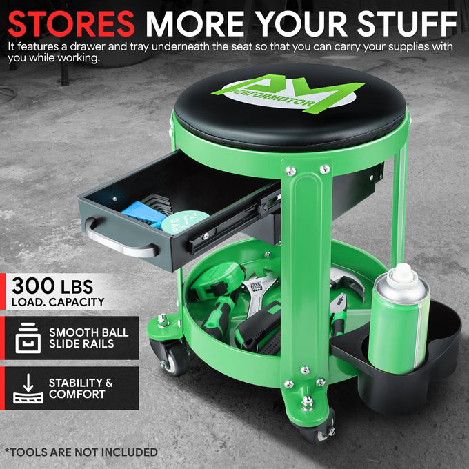 Mechanics Roller Storage Seat W/ Drawer & Tray <br> Drawer Dimension: 5.5 in. W x 9.5 in. L x 1.75 in. H