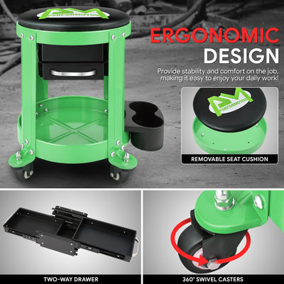 Mechanics Roller Storage Seat W/ Drawer & Tray <br> Drawer Dimension: 5.5 in. W x 9.5 in. L x 1.75 in. H