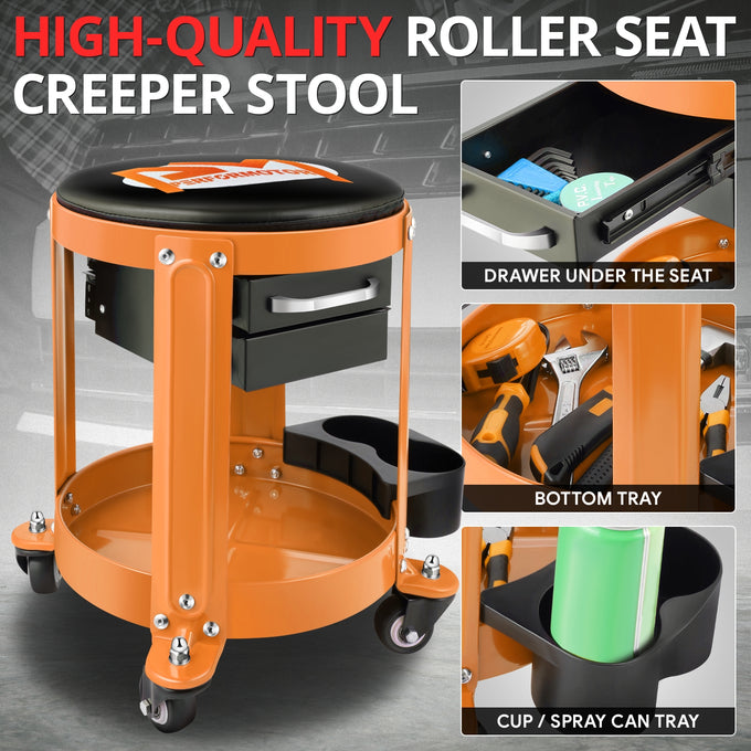 Mechanics Roller Storage Seat W/ Drawer & Tray <br> Drawer Dimension: 5.5 in. W x 9.5 in. L x 1.75 in. H
