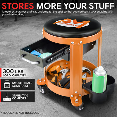Mechanics Roller Storage Seat W/ Drawer & Tray <br> Drawer Dimension: 5.5 in. W x 9.5 in. L x 1.75 in. H