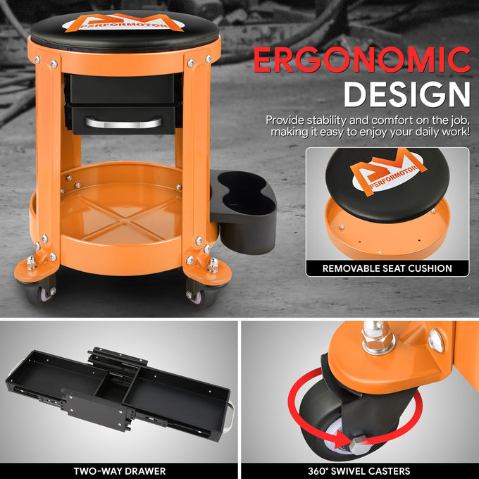 Mechanics Roller Storage Seat W/ Drawer & Tray <br> Drawer Dimension: 5.5 in. W x 9.5 in. L x 1.75 in. H