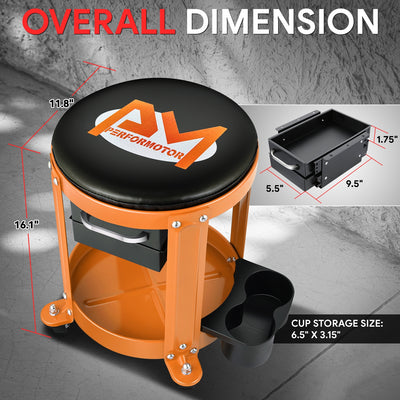 Mechanics Roller Storage Seat W/ Drawer & Tray <br> Drawer Dimension: 5.5 in. W x 9.5 in. L x 1.75 in. H
