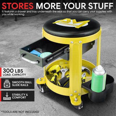 Mechanics Roller Storage Seat W/ Drawer & Tray <br> Drawer Dimension: 5.5 in. W x 9.5 in. L x 1.75 in. H