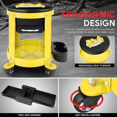Mechanics Roller Storage Seat W/ Drawer & Tray <br> Drawer Dimension: 5.5 in. W x 9.5 in. L x 1.75 in. H