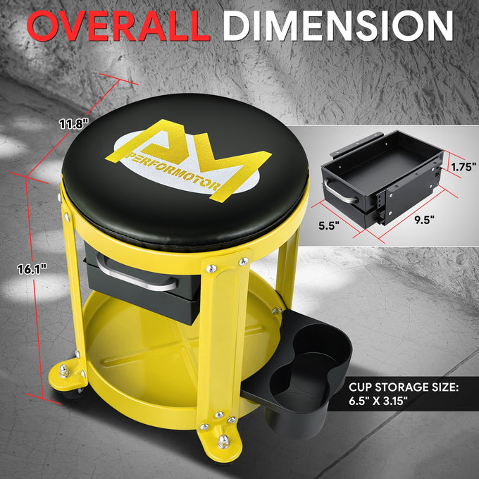 Mechanics Roller Storage Seat W/ Drawer & Tray <br> Drawer Dimension: 5.5 in. W x 9.5 in. L x 1.75 in. H