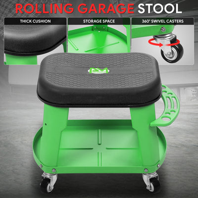 Adjustable Rolling Pneumatic Creeper Seat <br> Dimensions(in.): 16.14 L x 10.62 W x 13.78 H