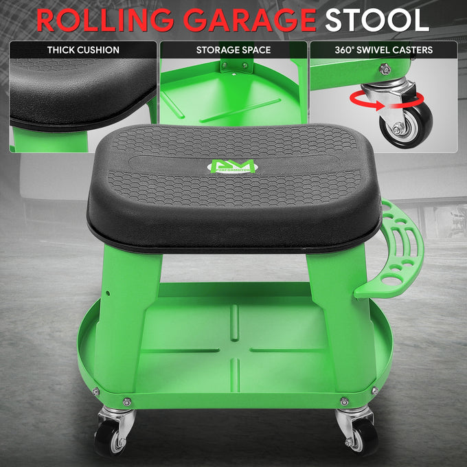 Adjustable Rolling Pneumatic Creeper Seat <br> Dimensions(in.): 16.14 L x 10.62 W x 13.78 H