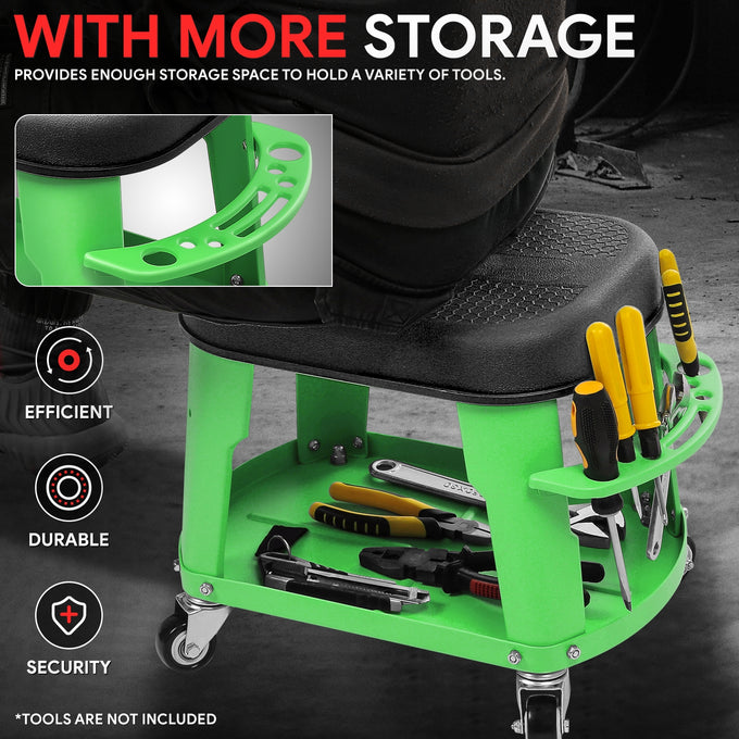Adjustable Rolling Pneumatic Creeper Seat <br> Dimensions(in.): 16.14 L x 10.62 W x 13.78 H