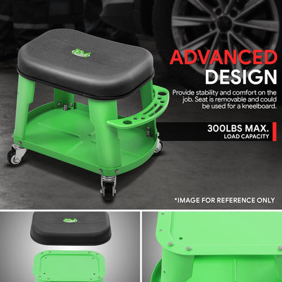 Adjustable Rolling Pneumatic Creeper Seat <br> Dimensions(in.): 16.14 L x 10.62 W x 13.78 H