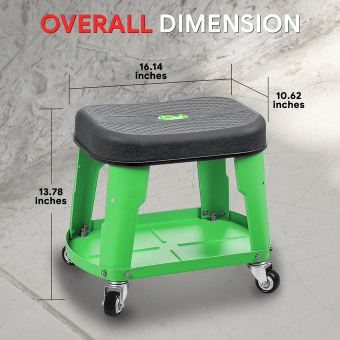 Adjustable Rolling Pneumatic Creeper Seat <br> Dimensions(in.): 16.14 L x 10.62 W x 13.78 H