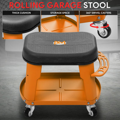 Adjustable Rolling Pneumatic Creeper Seat <br> Dimensions(in.): 16.14 L x 10.62 W x 13.78 H