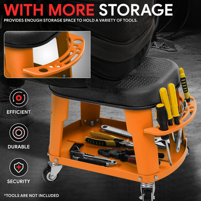 Adjustable Rolling Pneumatic Creeper Seat <br> Dimensions(in.): 16.14 L x 10.62 W x 13.78 H