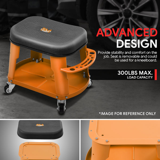 Adjustable Rolling Pneumatic Creeper Seat <br> Dimensions(in.): 16.14 L x 10.62 W x 13.78 H
