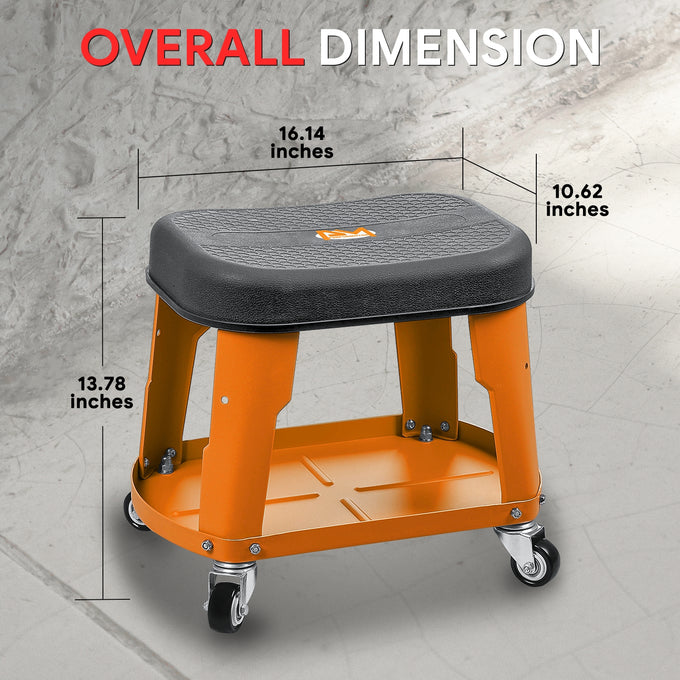 Adjustable Rolling Pneumatic Creeper Seat <br> Dimensions(in.): 16.14 L x 10.62 W x 13.78 H