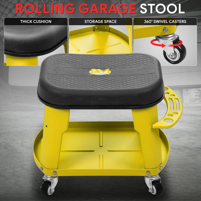 Adjustable Rolling Pneumatic Creeper Seat <br> Dimensions(in.): 16.14 L x 10.62 W x 13.78 H