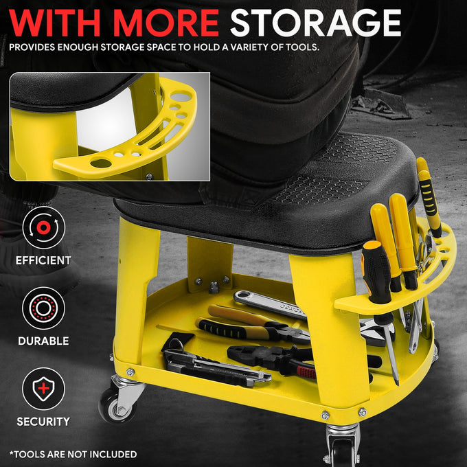 Adjustable Rolling Pneumatic Creeper Seat <br> Dimensions(in.): 16.14 L x 10.62 W x 13.78 H