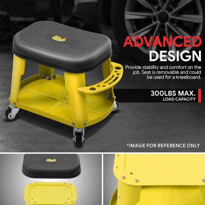 Adjustable Rolling Pneumatic Creeper Seat <br> Dimensions(in.): 16.14 L x 10.62 W x 13.78 H