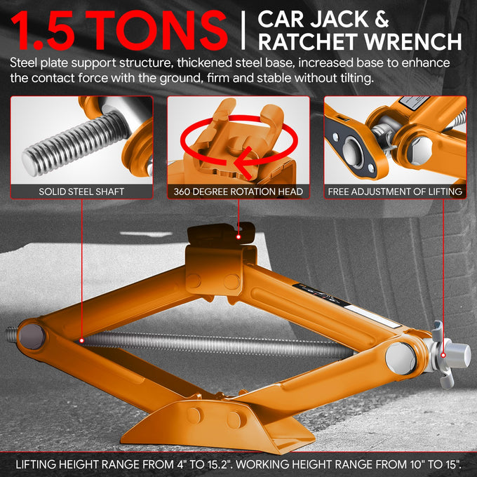 1.5 Ton (3306 lbs) Scissor Lift Jack W/Ratchet Wrench <br> Lifting Height Range 4 in-15.2 in
