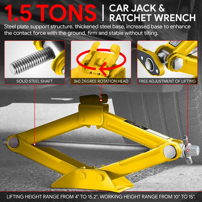 1.5 Ton (3306 lbs) Scissor Lift Jack W/Ratchet Wrench <br> Lifting Height Range 4 in-15.2 in