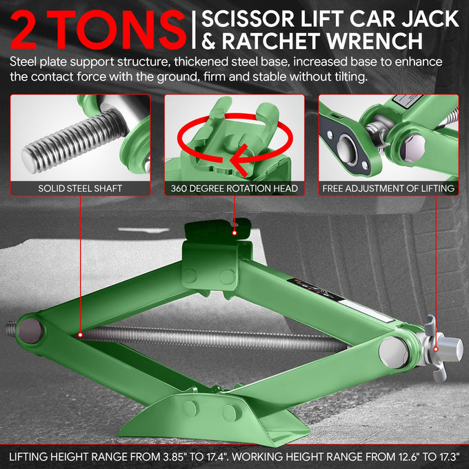 2 Ton (3306 lbs) Scissor Lift Jack W/Ratchet Wrench <br> Lifting Height Range: 3.85-17.4 in