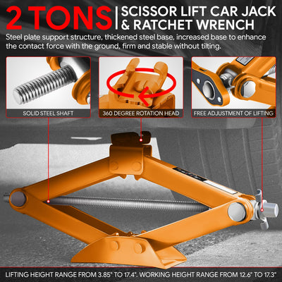 2 Ton (3306 lbs) Scissor Lift Jack W/Ratchet Wrench <br> Lifting Height Range: 3.85-17.4 in