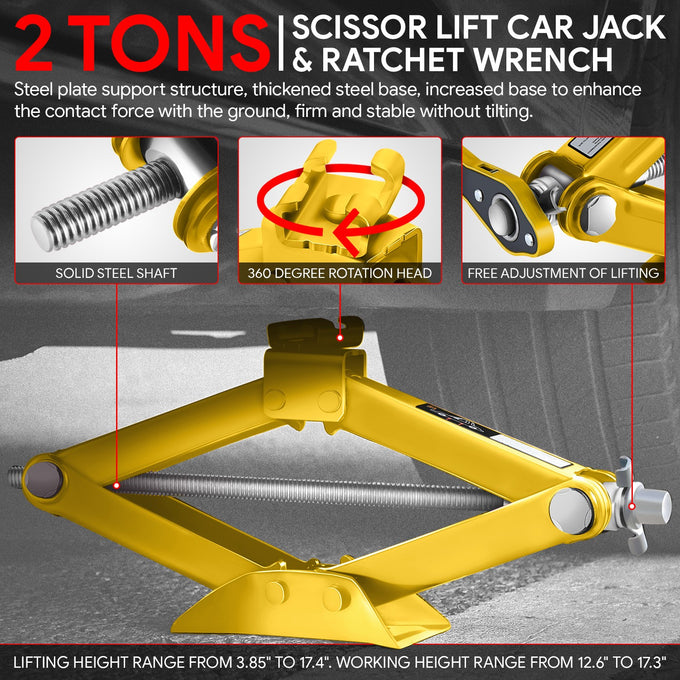 2 Ton (3306 lbs) Scissor Lift Jack W/Ratchet Wrench <br> Lifting Height Range: 3.85-17.4 in