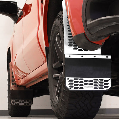 Polished Stainless Steel HEX Steel Mud Skins <br> 09-25 Ram, 14-25 Chevy Silverado, GMC Sierra 1500