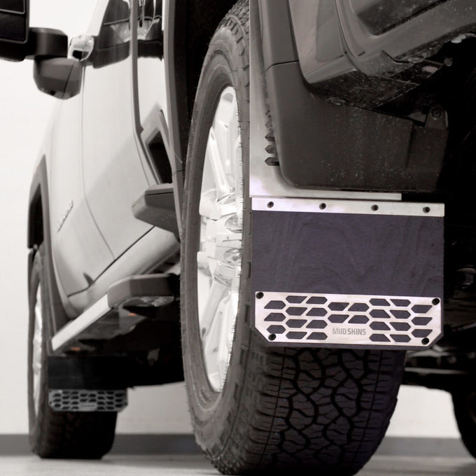 Brushed Stainless Steel HEX Steel Mud Skins <br> 09-25 Dodge Ram, 14-25 Chevy/GMC Silverado Sierra 1500