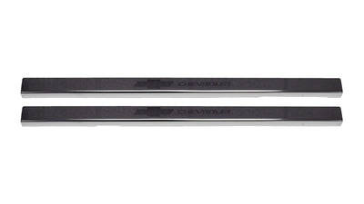 2pcs Black Platinum Door Sills w/ Bow Tie Etching <br> 14-19 Chevy Silverado 1500 2500 3500 HD