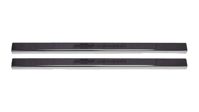 2pcs Black Platinum Door Sills w/ Bow Tie Etching <br> 14-19 Chevy Silverado 1500 2500 3500 HD