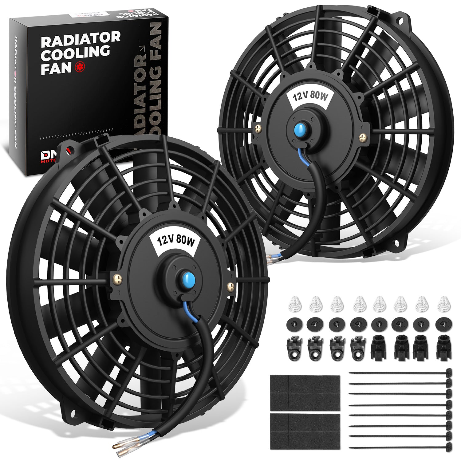 Pair Universal 9 in. Radiator Cooling Fan + Mounting Kit