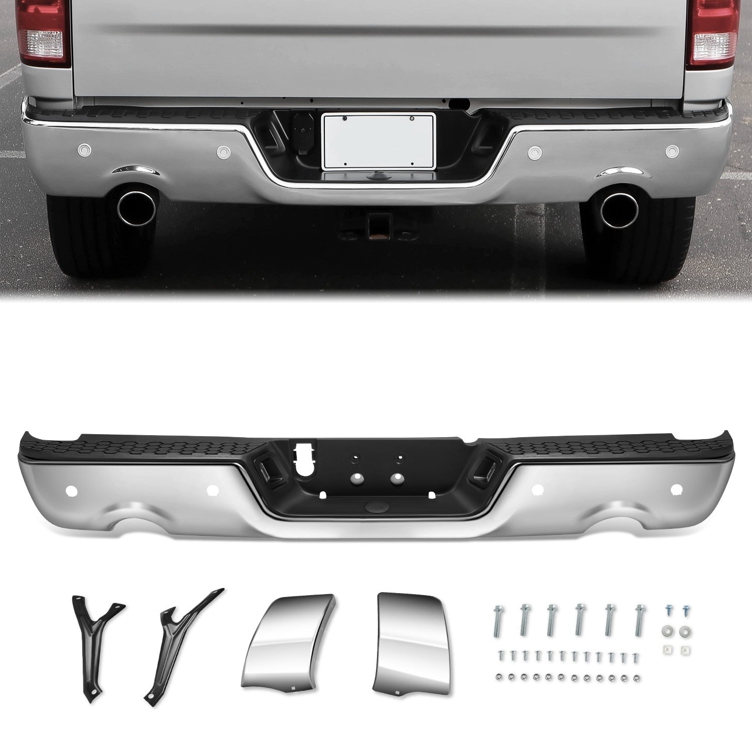 Modular Style Rear Step Bumper w/Dual Exhaust+Sensor Holes <br> 09-19 Dodge Ram 1500 2500 3500