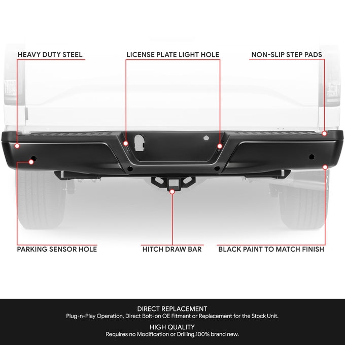 Rear Step Bumper (Black, with Parking Sensor Holes) <br> 15-20 Ford F-150