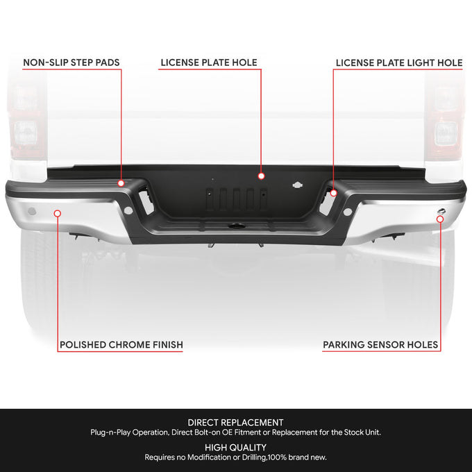 Chrome Steel Rear Step Bumper w/Parking Sensor Holes<br>19-23 Ford Ranger